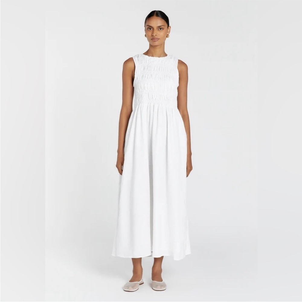 Dissh Lessi White Linen Smocked Long Midi Dress Size 10